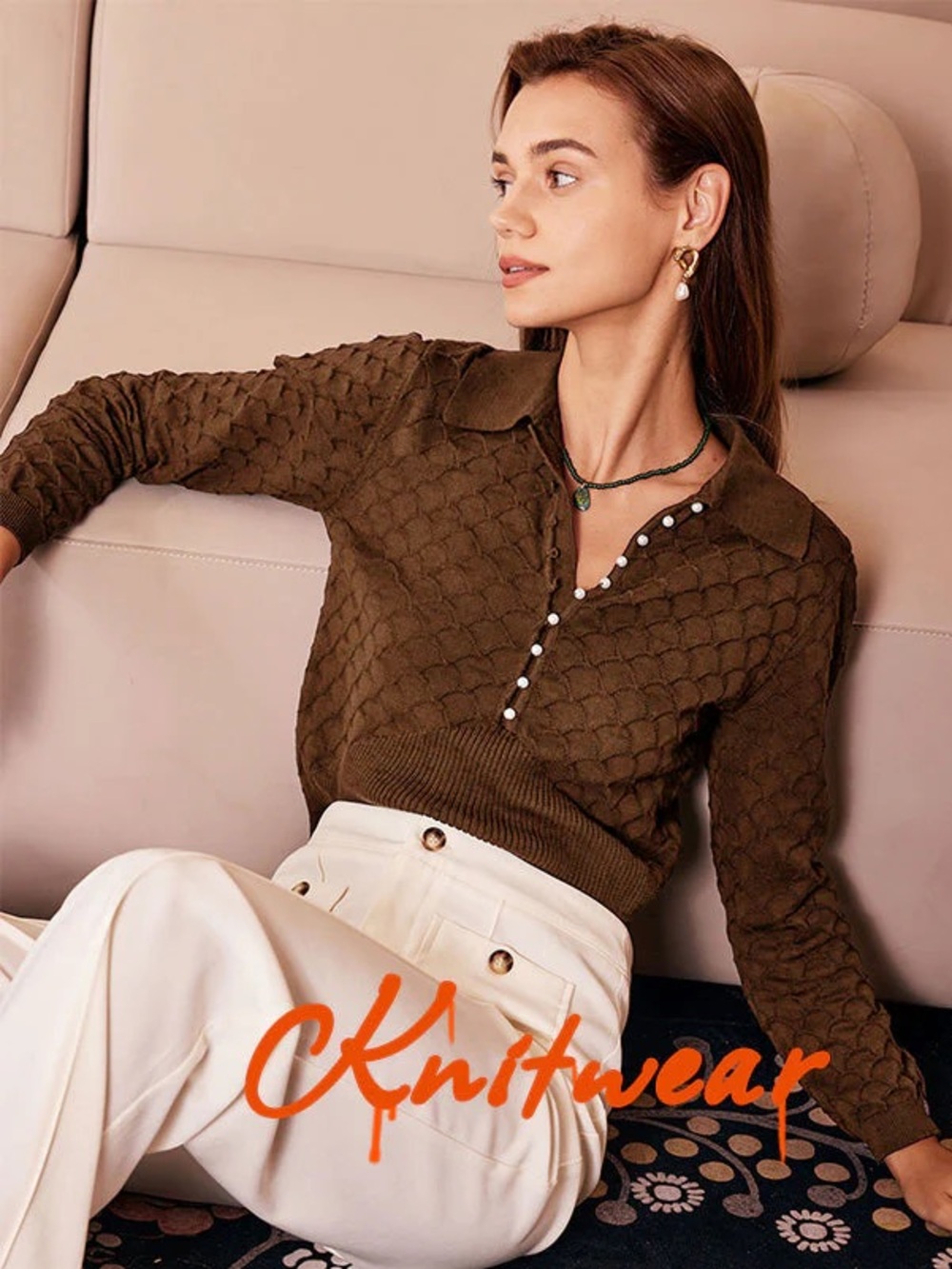 NWT RIHOAS Brown Textured Pearl Button Collared Sweater M